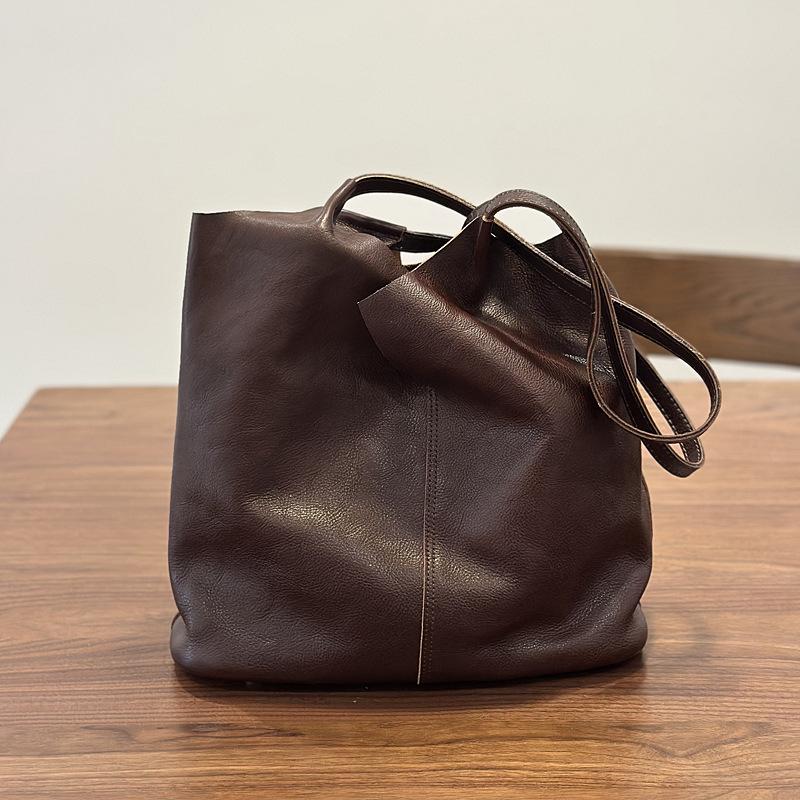 Johnature Handmade Casual Tote Bag Versatile Commuting Shoulder Bag Large Capacity Genuine Leather Handbag