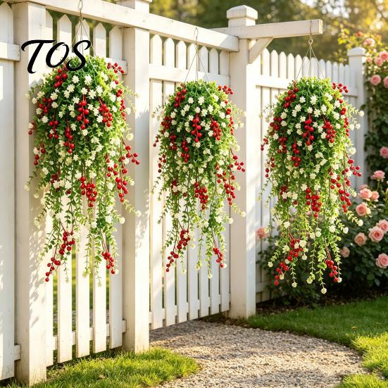 Indoor Home Ornament for Festivals Artificial Hanging Vines with Red Berries, Realistic Plastic Cascading Greenery Plants, Lifelike Plants Office