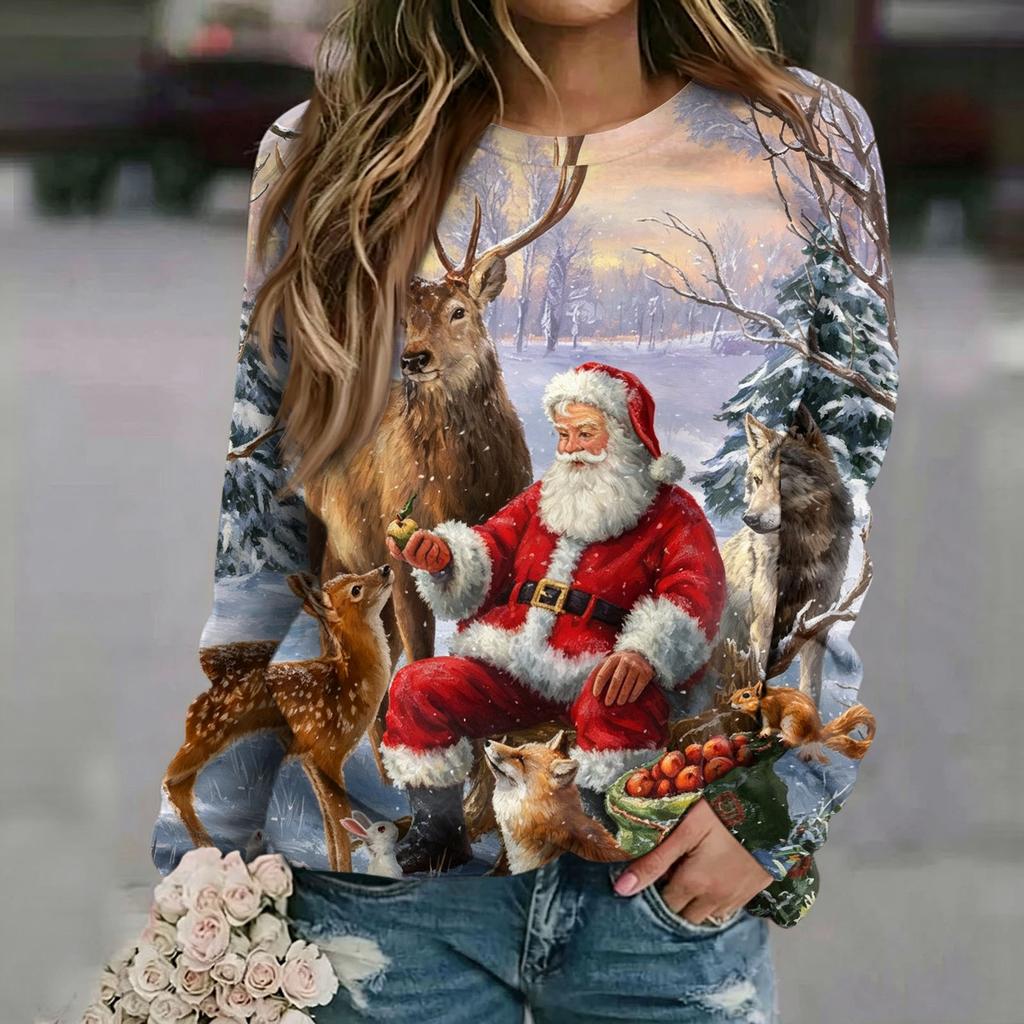 Women's Casual Christmas Print Neck Raglan Long Sleeve Pullover Sweatshirt