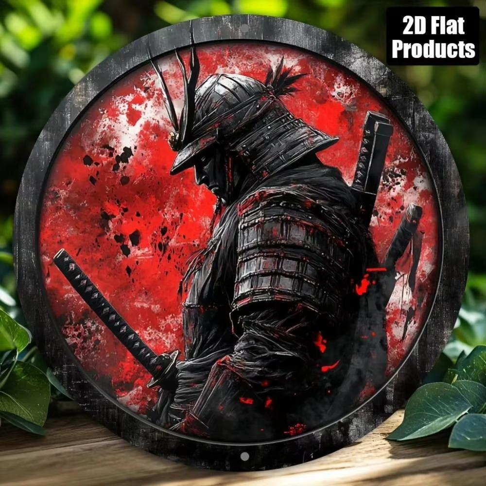 Samurai Wall Art Round Metal Sign Japanese Decor Aluminum Print