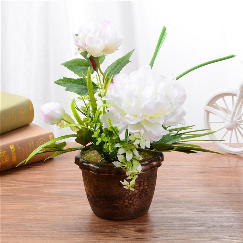 1 Set Artificial Simulation Silk Peony Flowers + Green Plant Bonsai With Flower Potted Wedding Party Home Decoration