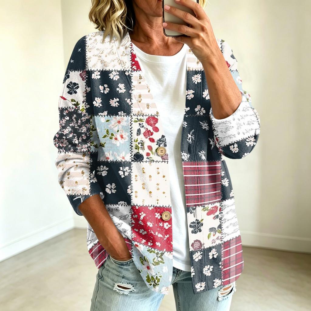 Women's fashionable casual buttoned patchwork fabric printed coat