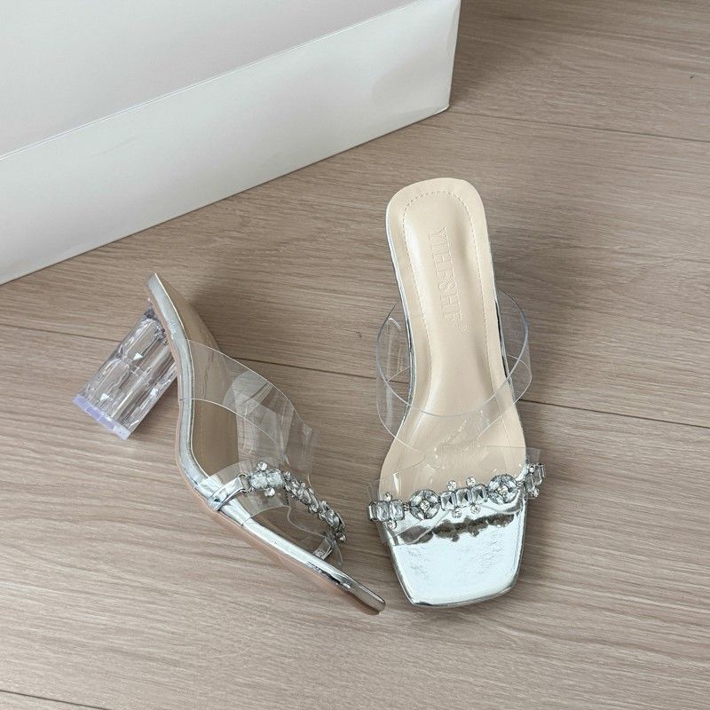 Transparent rhinestone high heels women's 2025 new thick heel wear versatile sexy temperament not tired feet open toe cool slippers