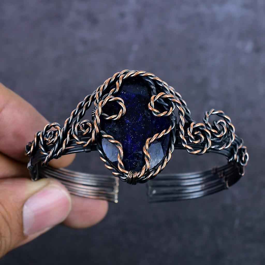 Lapis Lazuli Gemstone Handmade Copper Wire Wrap Cuff Bangle Adjustable ET-4978