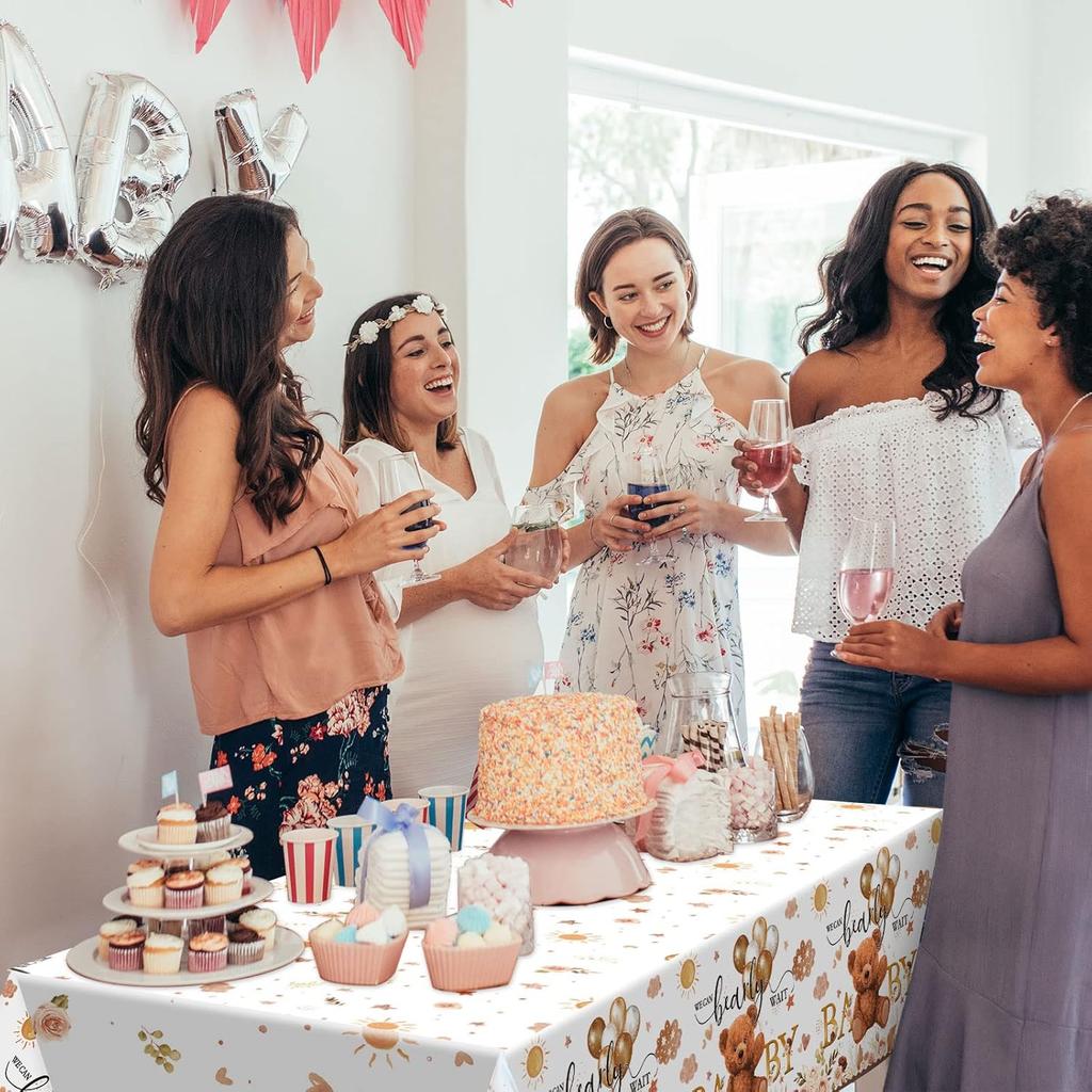 Tatuo 3 Pcs Bear Baby Shower Decorations Tablecloth We Can Bearly Wait Bear Table Cover Balloon Plastic Tablecloth for Birthday Baby Shower Party