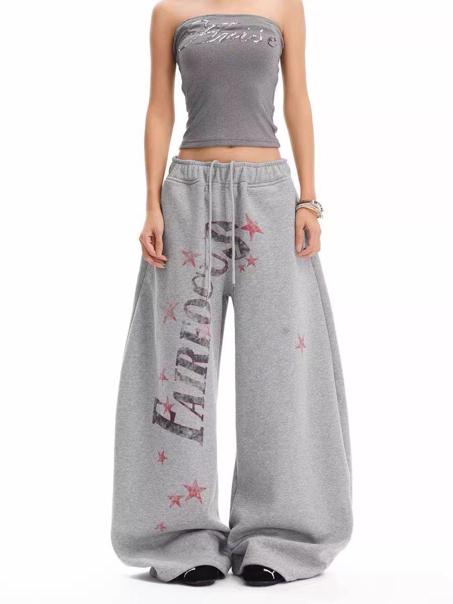 

High Street Star Print Distressed Sweatpants - Loose Fit, Wide Leg, Elastic Waist for Spring & Autumn XL светло-серый