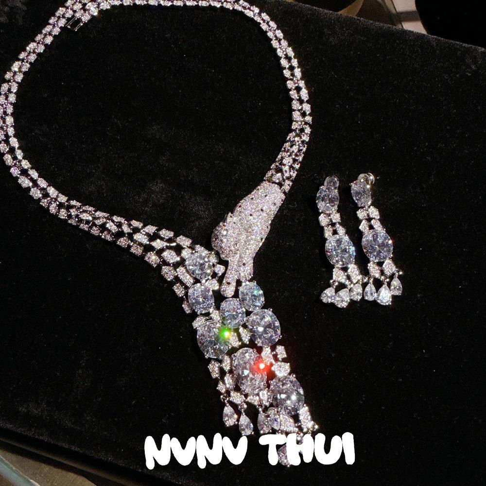 Jewelry, Gypsy Cheetah Gem Necklace, Banquet Haute Couture Egg-Shaped Water Drop Zircon Earrings, Set