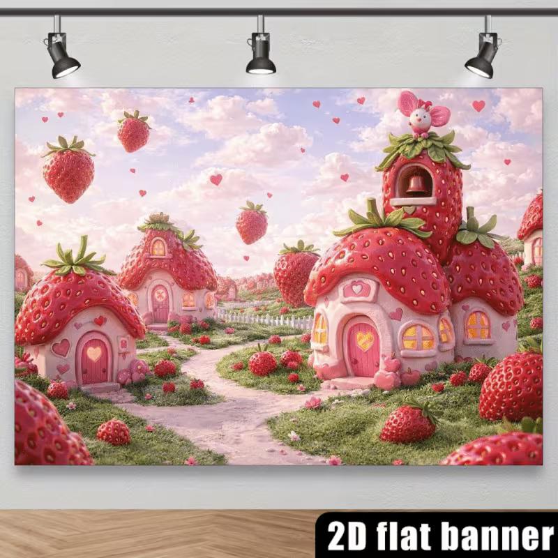 2D Magical Strawberry Houses & Hearts Photography Background