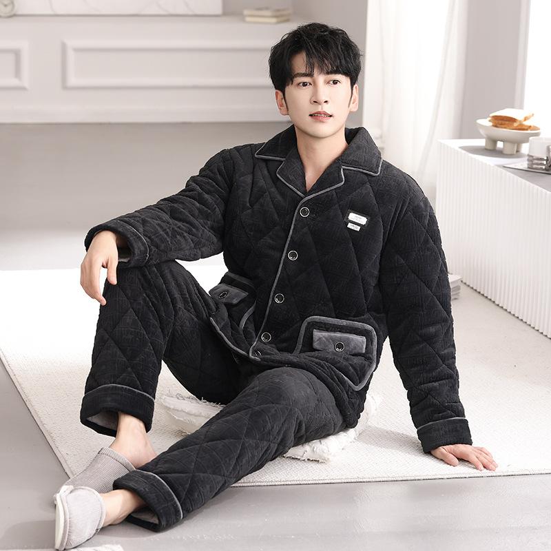 Men's Pajamas Autumn and Winter Coral Fleece Three-layer Padded Fleece Thickened Flannel Padded Jacket Warm Loungewear Set