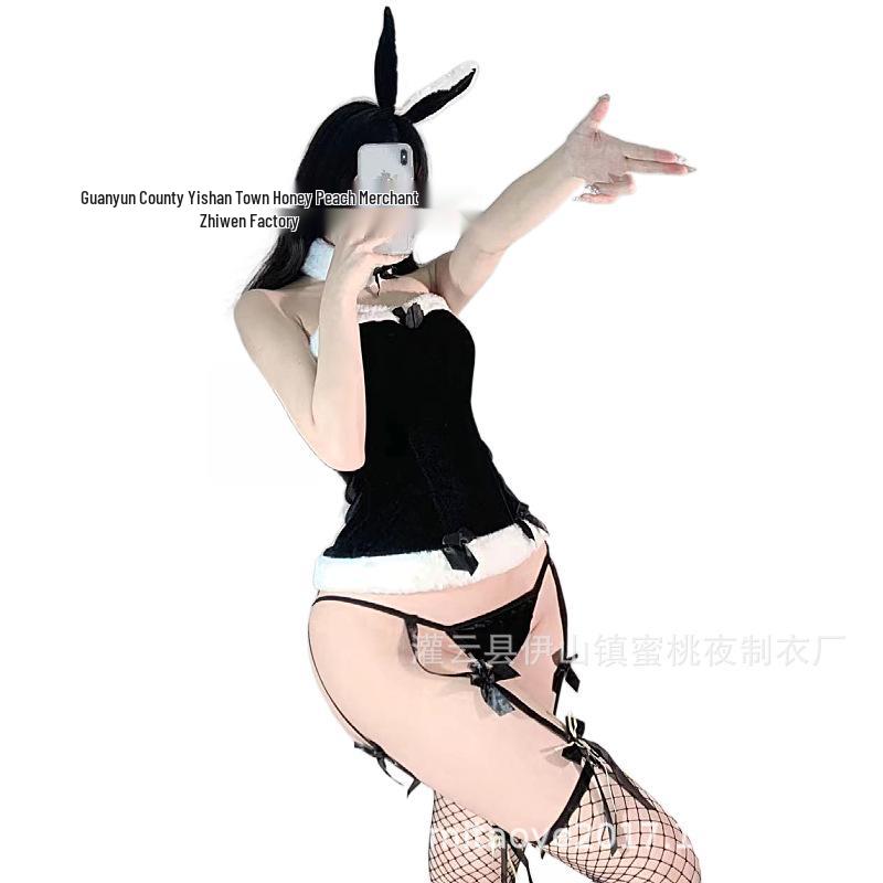 Seductive Plush Bunny Girl Christmas Costume with Pom Pom Details