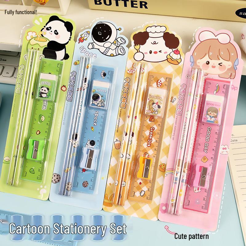 Cartoon Stationery Set: 5-Piece Gift for Primary Students (Pencil, Eraser, Ruler)