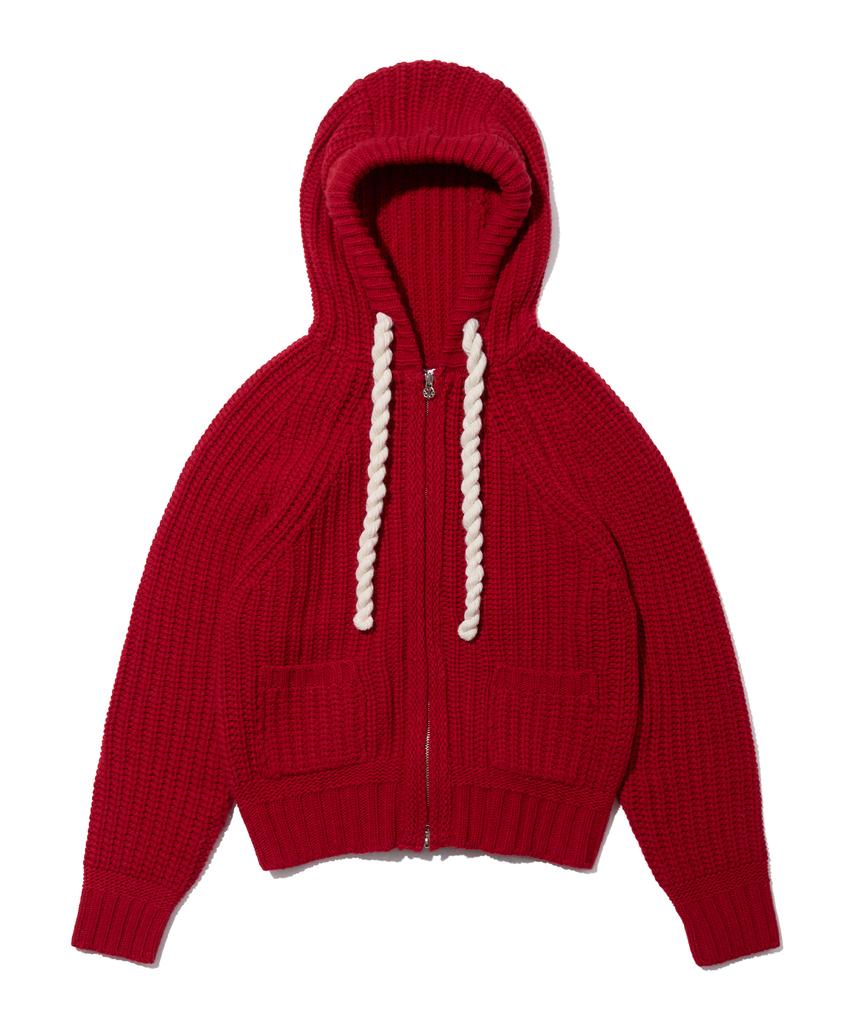 Youhee Rope Hood Zip-Up Knit Red