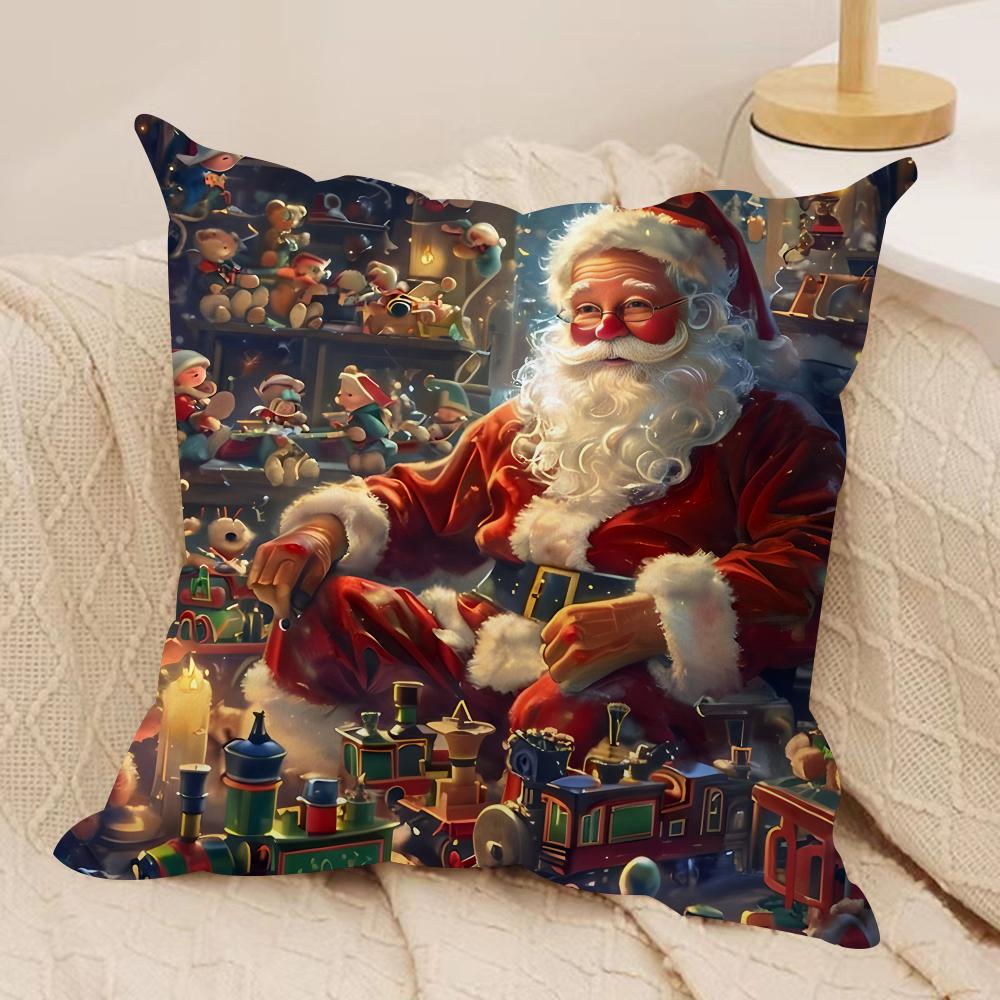 Santa Claus Christmas Cushion Cover Silky Short Plush Invisible Zipper Dustproof Sofa Pillow Case For Home Decor