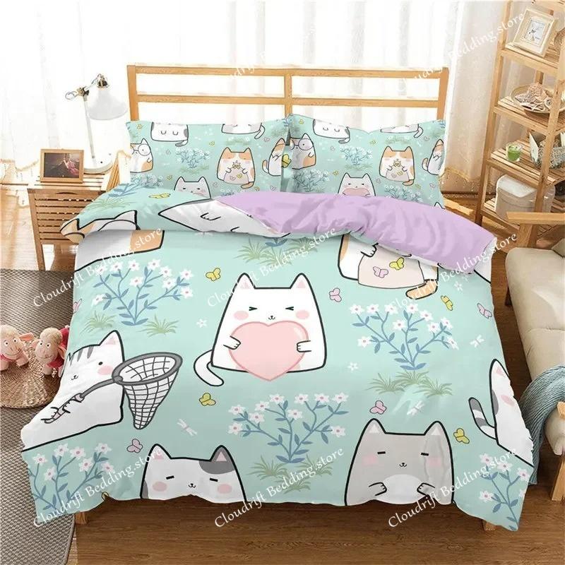Kawaii Katt Dynetrekk Tegneserie Sengetøysett Mikrofiber Søt 3D Dyr Dundyne Trekk Twin Full King For Barn Gutt Jente Tenåringsrom