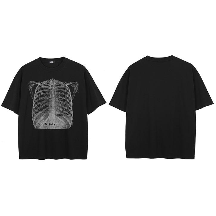 Hip Hop Washed Black TShirt Streetwear XRay Skeleton Graphic T Shirt Hipster Men Tshirt Cotton Unisex Tops Tees Dope
