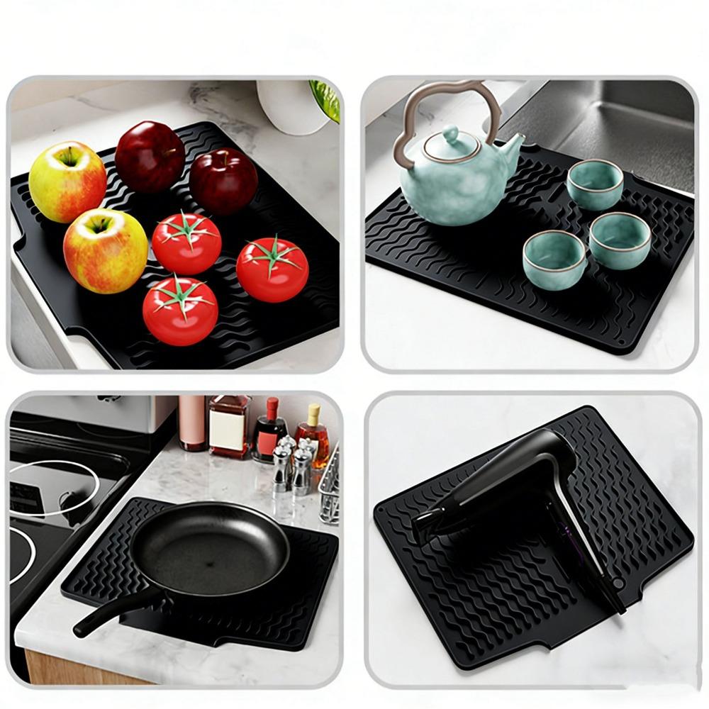 Silicone Dish Drying Mat Black Grey Drain Lip Drain Pad Built-in Drain Heat Resisting Kitchen Counter Pad Kitchen Countertop