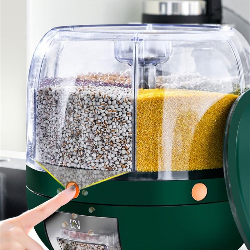 Household Grains Storage Container with 6 Unit Convenient Dry Cereal Organizers Bucket Sealed Rotating Rice Dispenser