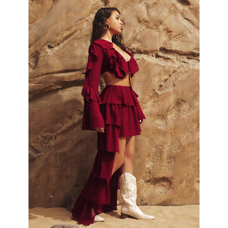 Decodediva [Desert Road Crazy Flower] Vacation Chiffon V Neck Long Sleeves Multi-Layer Shirt Top Suit Skirt Summer