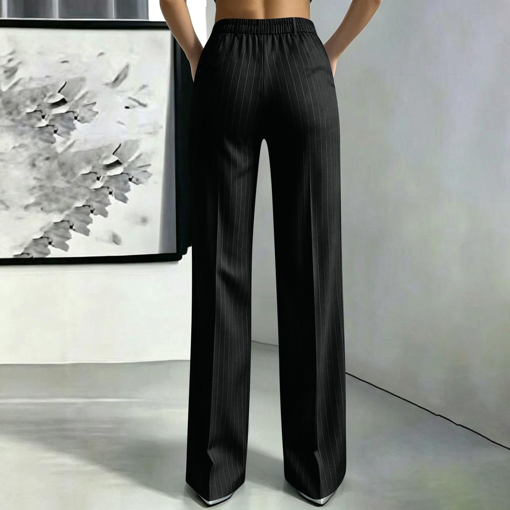 Women's Striped Loose Fit Straight Leg Dress Pants with Pockets and Button Closure for Casual and Wear