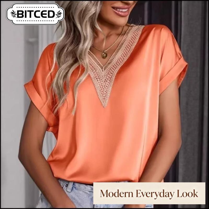 BITCED Women's Fashion Casual V-Neck Short Sleeve Blouses & Shirts