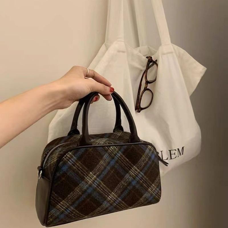 New Korean Vintage Plaid Bowling Bag Winter Versatile Handheld Crossbody Shoulder Bag