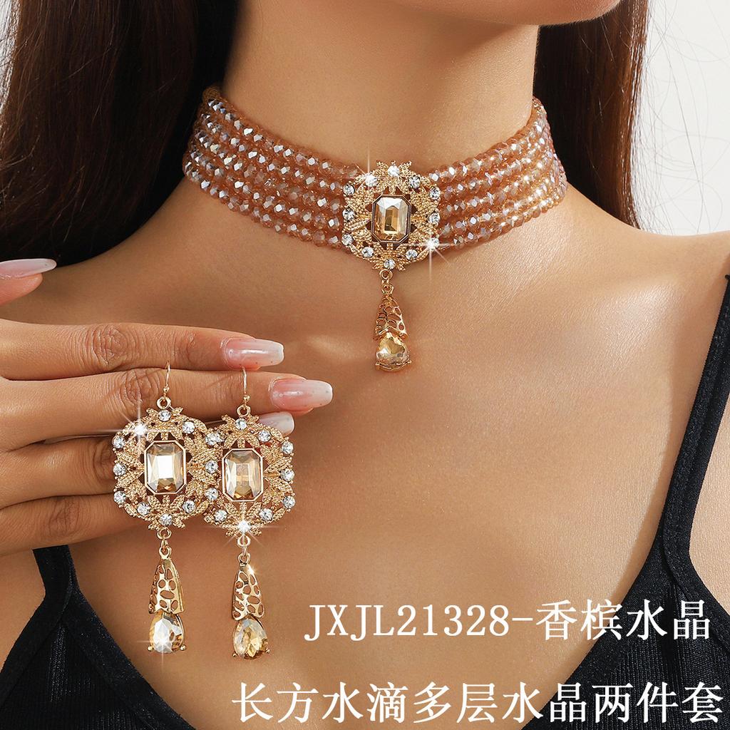 European and American Luxury Multi-layer Crystal Water Drop Pendant Bundle Neck Chain Jewelry Earrings Exaggerated Color Crystal Necklace Women