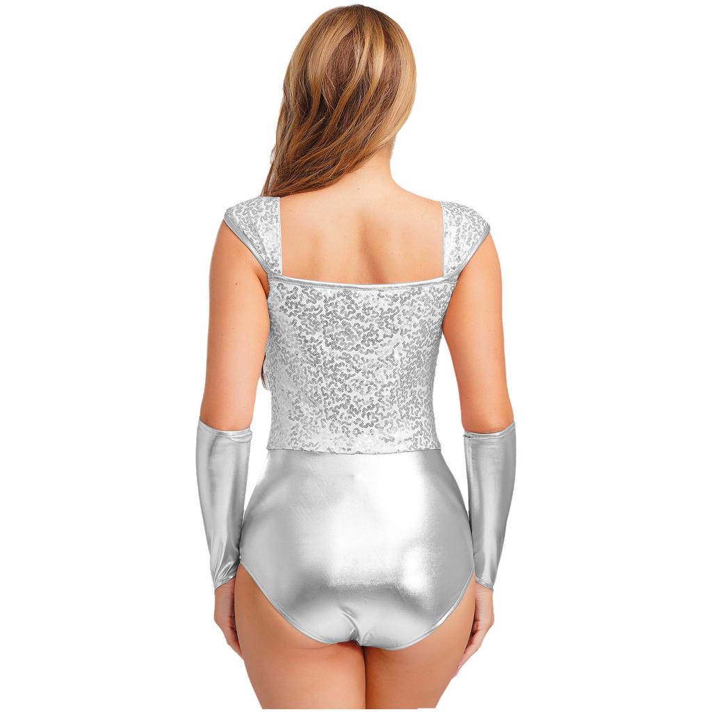 Womens Glitter Bodysuit Sequin Metallic Shiny Removable Sleeves Patchwork Slim Fit Leotard Clubwear Halloween Costume