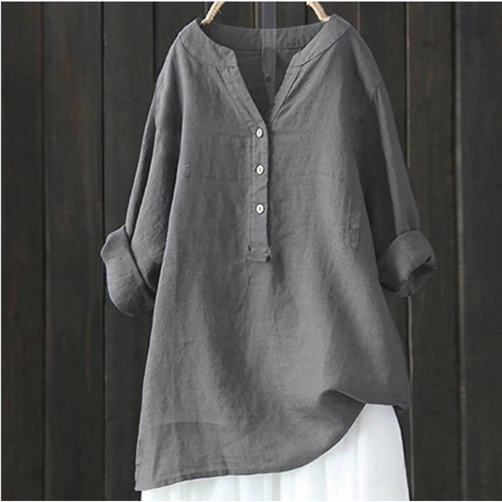Women's V Neck Long Sleeve Linen Shirt Loose Fit Casual Commuter Blouse for All Occasions
