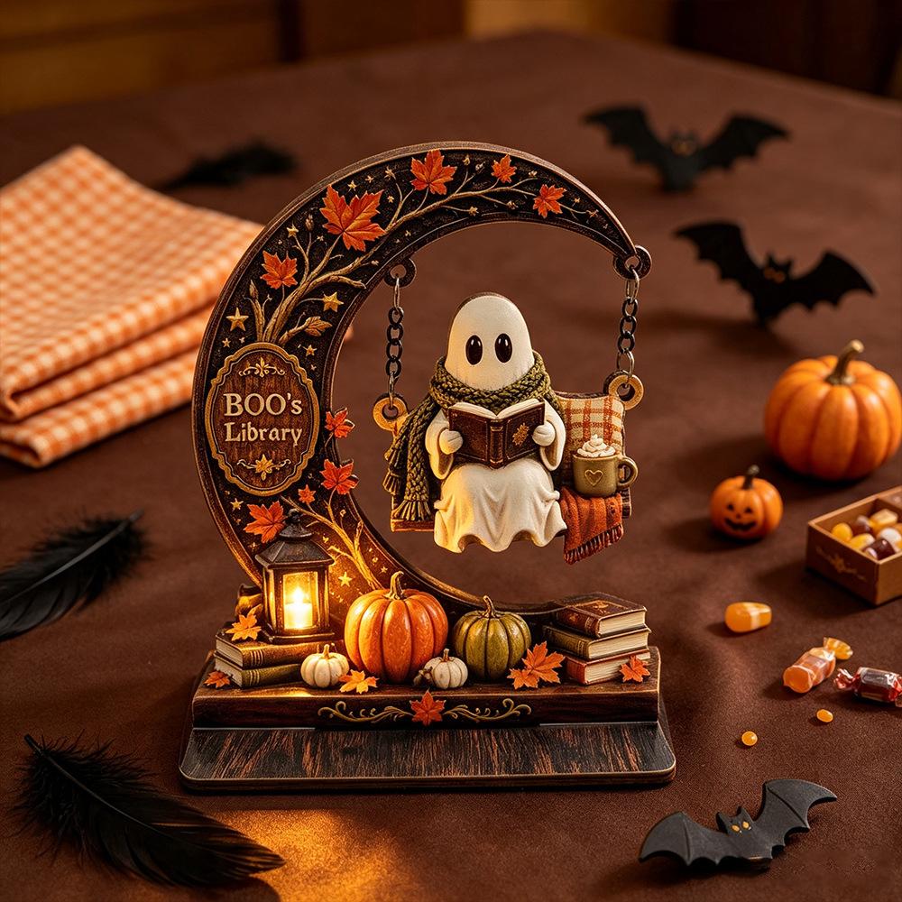 Halloween Moon Ghost Skull Swing Doll Reading Book Wooden Display Piece Bookcase Shelf Atmosphere Decoration