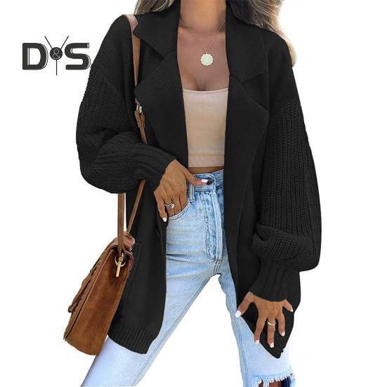 Women Suit Coat Suit Lapel Long Sleeve Solid Color Knitting Coat with Pockets Loose Fit Single Button Sweater Coat