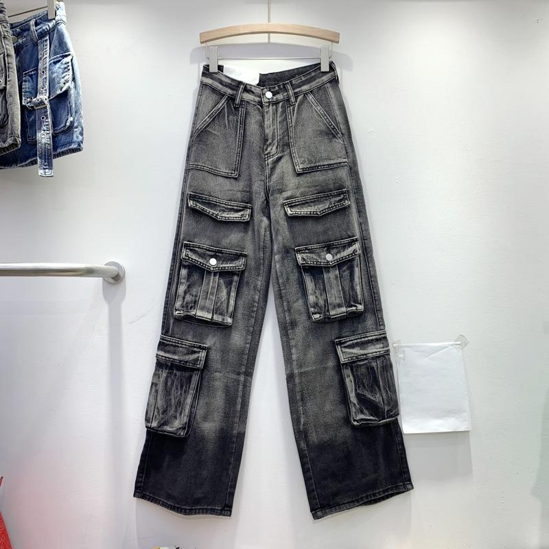 Spring and autumn new American retro big pocket smudging gradual change design overalls wide-leg denim trousers women S