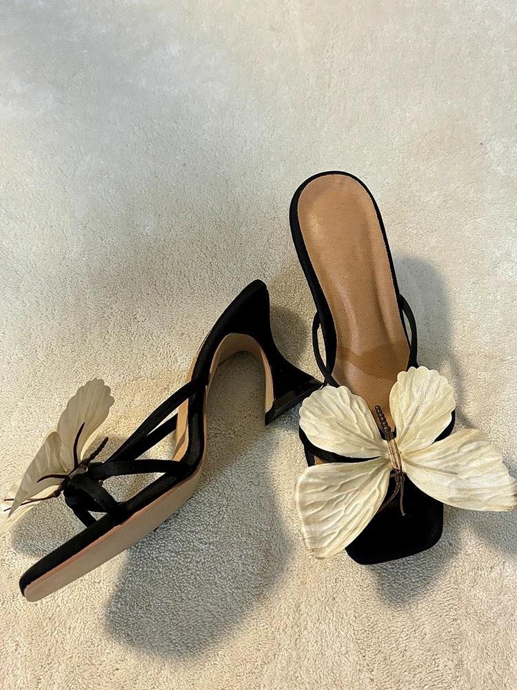 Leather French niche temperament butterfly slippers women s 2025 new spring and summer thick heel high heel sandals 35