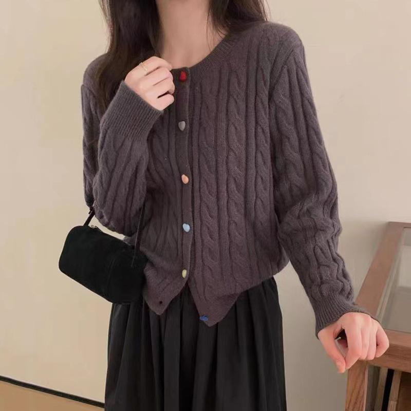 

Повседневный модный и универсальный свитер-кардиган в полоску абрикосового цвета на осень средней длины для женщин one size темно-серого