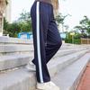 Unisex Dark Blue Striped Summer School Uniform Trousers for Students, Loose Straight-Leg Style