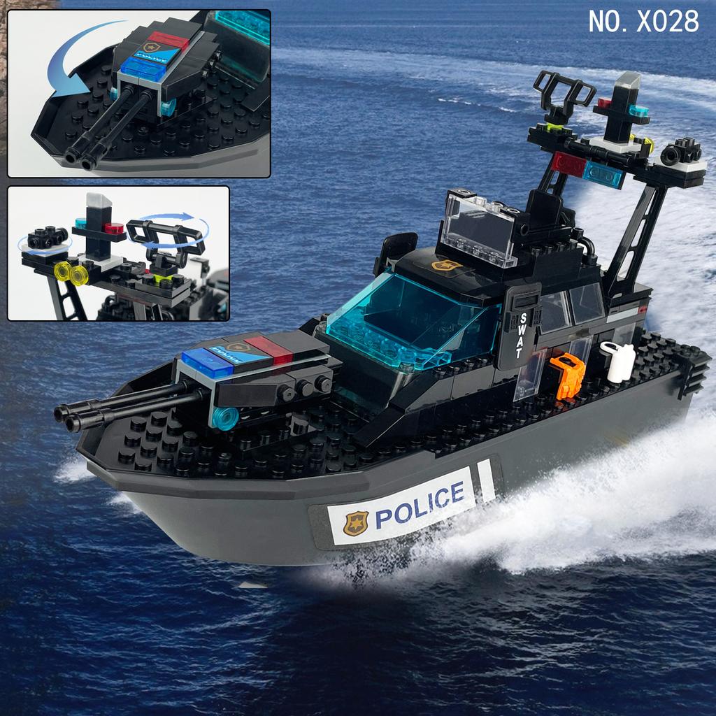 Serie militare Special Police Black Shark Patrol Boat Giocattoli per bambini Blocchi da costruzione