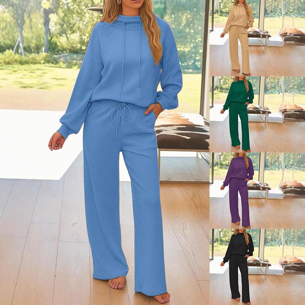 Women's Casual Hooded Top with Drawstring and Wide Leg Pants Set