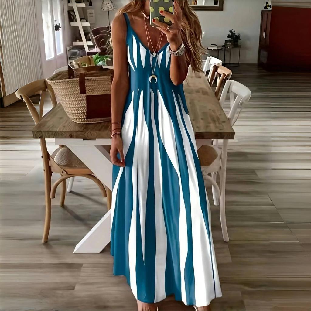LYRIA Sexy Sleeveless Dress Women Black White Stripe Printed Long Dresses Summer Casual Vacation Party Dress Robe