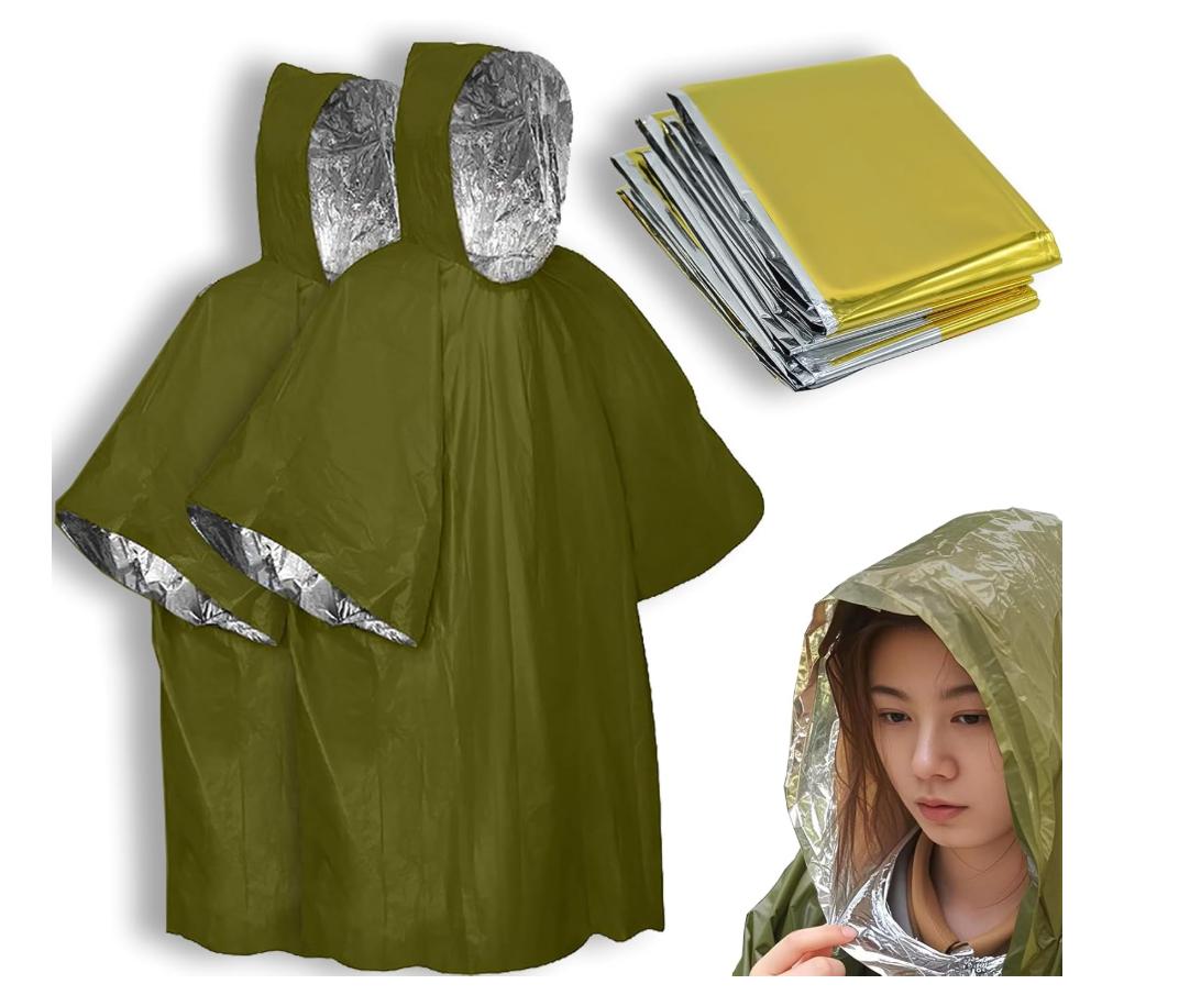 Комплект снаряжения для выживания 4X, Аварийный пончо (2рс), Аварийное космическое одеяло (2рс), Майларовая подкладка - Сохраняет 92% тепла тела