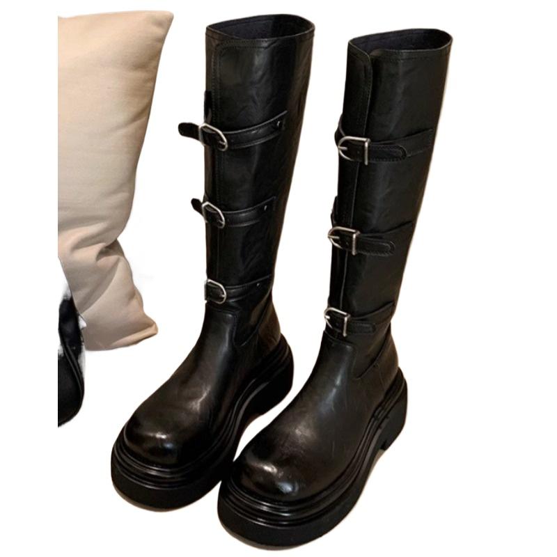 Novo Estilo Botas de Cano Longo de Sola Grossa Mulheres Outono Inverno Botas de Cavaleiro Comprimento do Joelho Fivela Cano Fino e Alto Zapatos Mujer