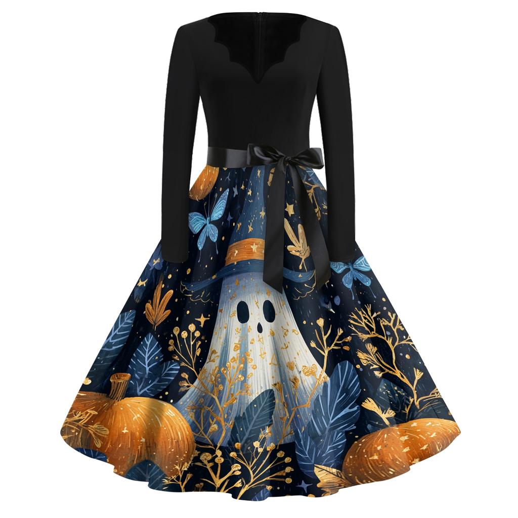 Womens Casual Vintage V Neck Dress Halloween Print Long Sleeve Fit Flare Dress with Bow Waistband Retro Style