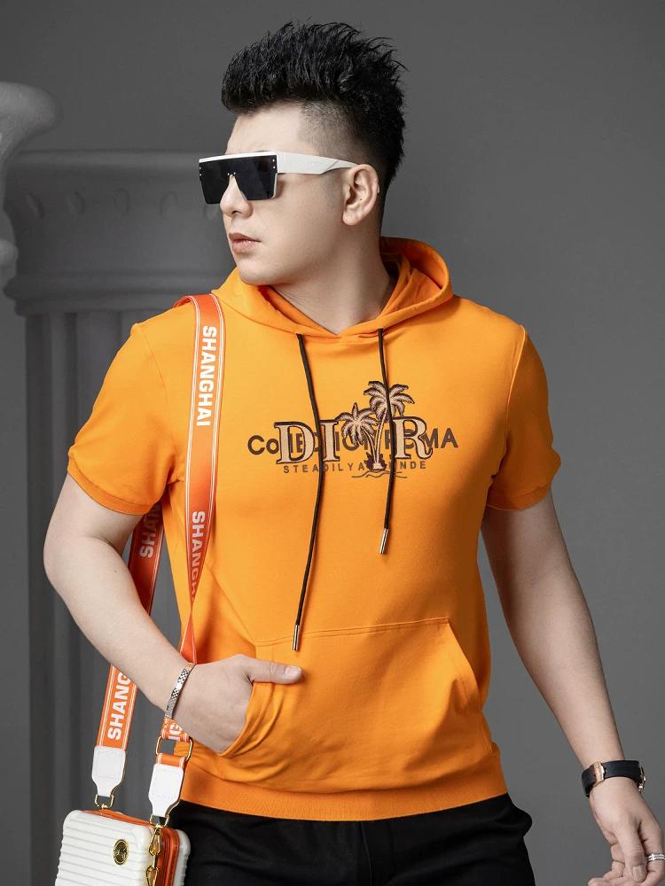 

Ozhouzhan High end Letters Print Short sleeve T-shirt Men s 2025 Summer Fashion Brand Slim fit Half Sleeve Hoodie XL белый