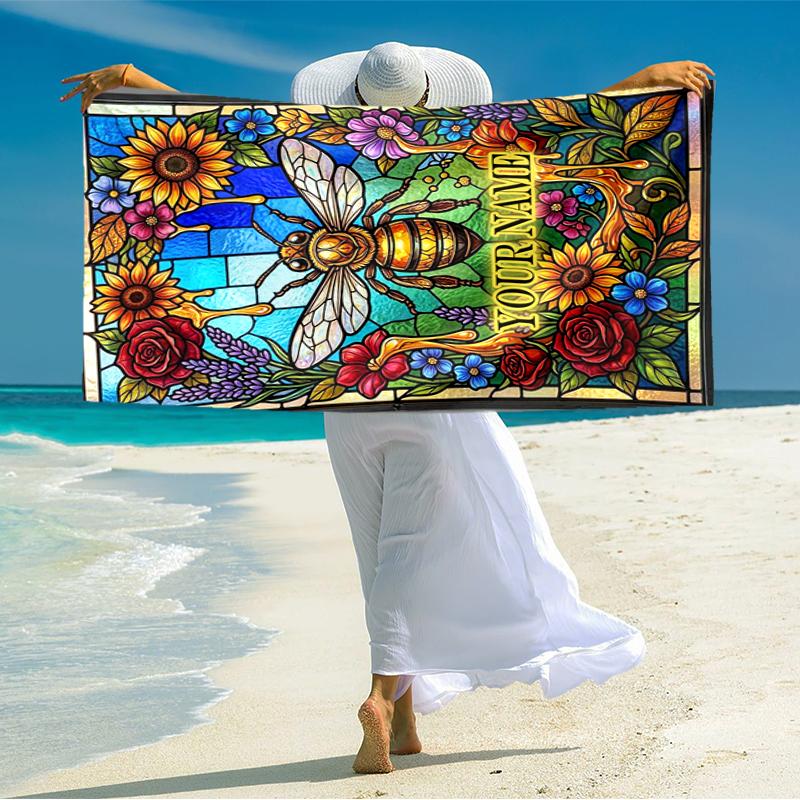 1PC Custom Name Glass Bee Garden Beach Towel Highly Absorbent And Sand-Resistant Towel for Swimming, Pool, Yoga, And Travel Lightweight