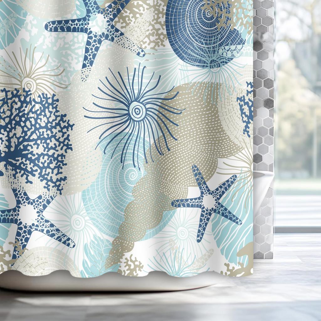 Nautical Coastal Shower Curtain,Beach Ocean Theme Shower Curtain for Bathroom Decor,Summer Tropical Coral Bath Curtain with Hook