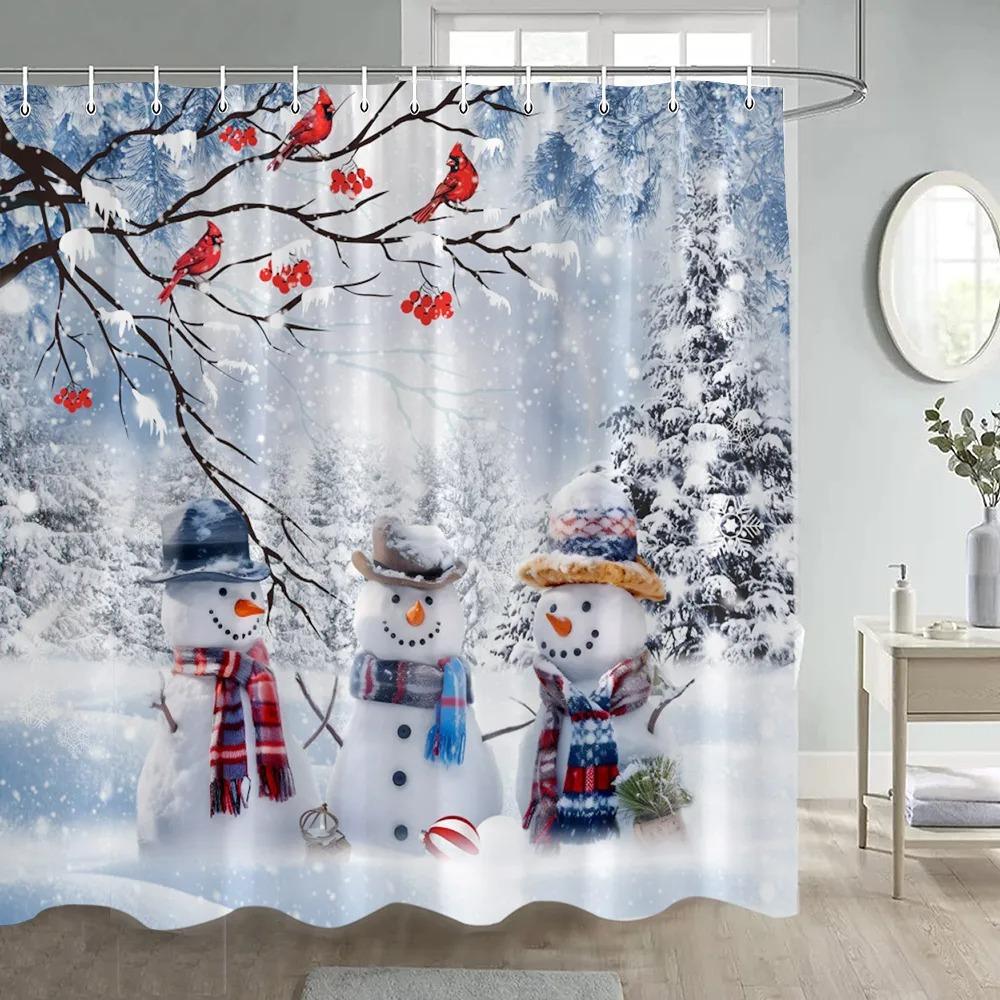 

Зимняя Рождественская занавеска для душа Забавный снеговик Рождественские елки Камин Грузовик Лес Снежная сцена Новогодний праздник Дом Декор для ванной комнаты 90x180cm-35x70in