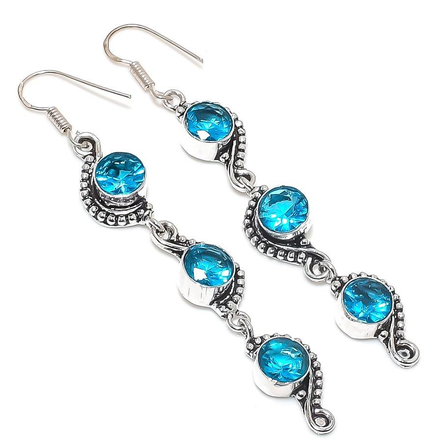 Natural Blue Topaz Gemstone 925 Sterling Silver Jewelry Earring 3.27" O1r27