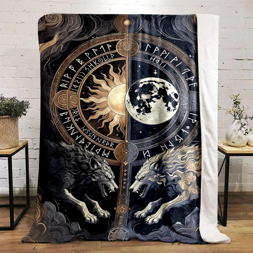 Sun and Moon Wolves with Nordic Runes printed Flannel blanket for bedroom, living room, sofa, and nap