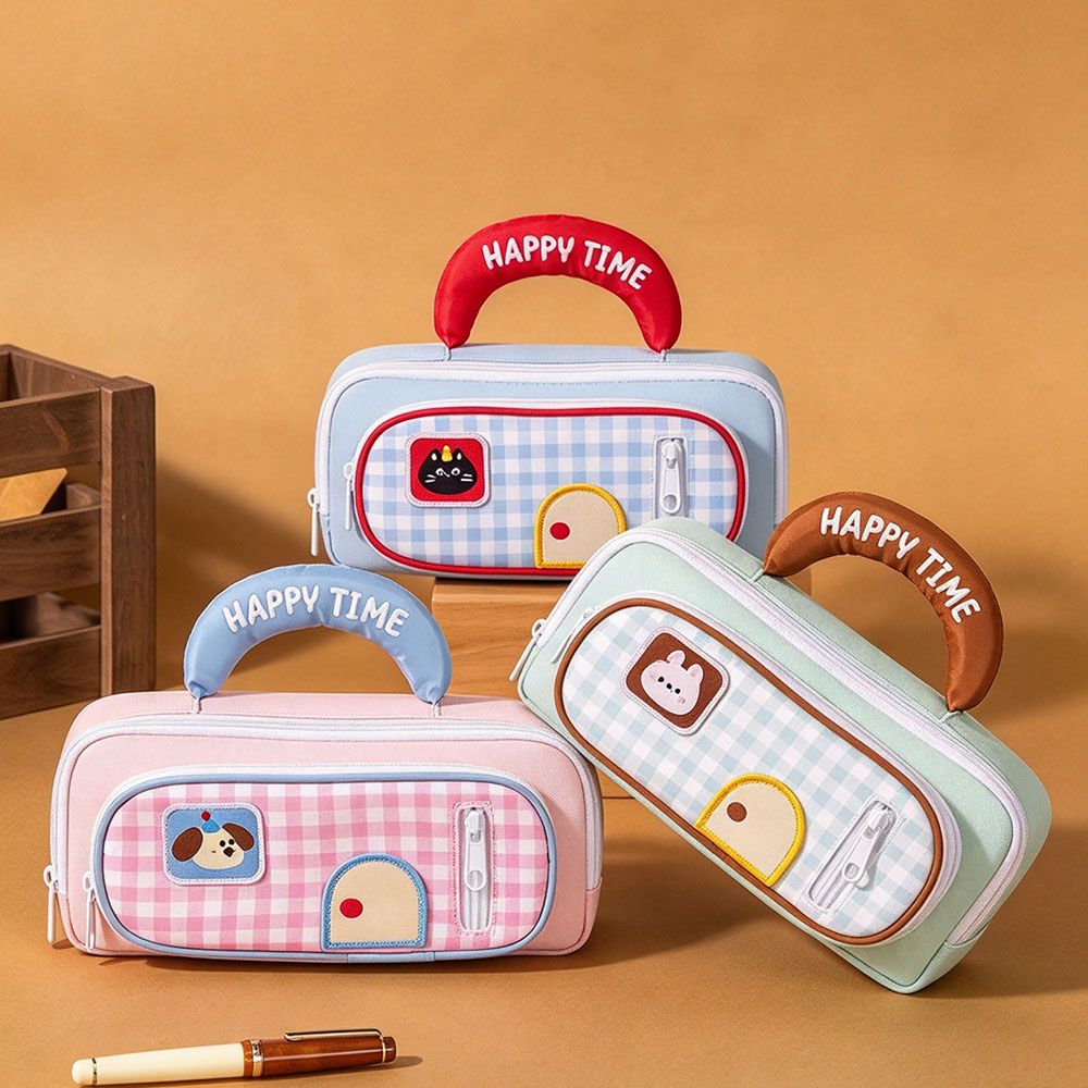 Cartoon Animal Pencil Case Plaid Stationery Bag New Pen Case School