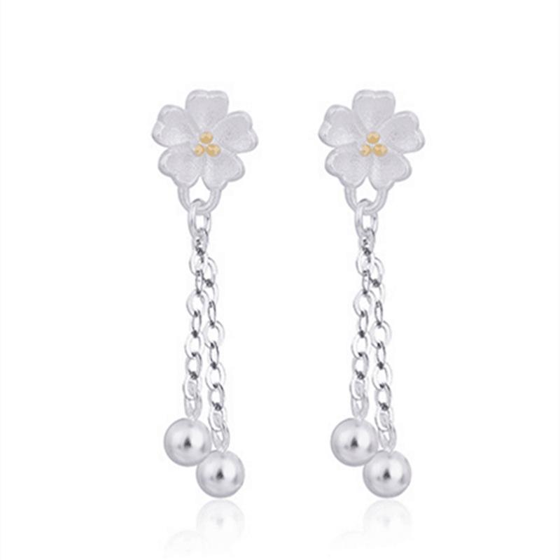 Female Temperament Simple and Literary Small Flower Earrings Sakura Long Tassel Versatile Earrings