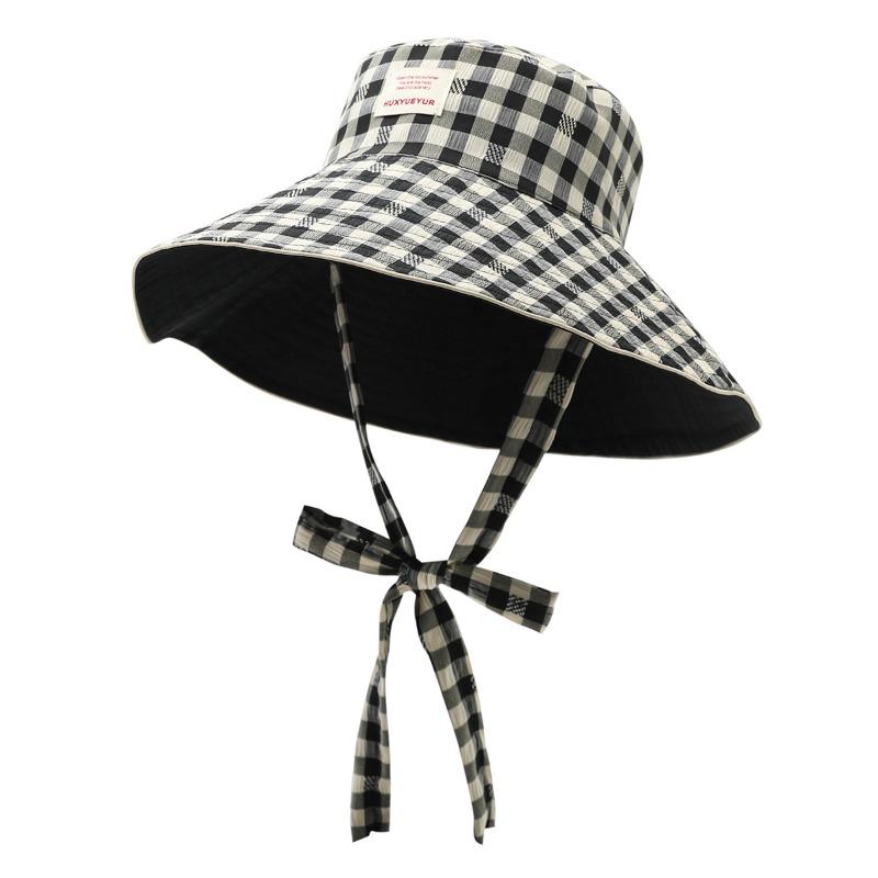 Plaid wide edge strap bucket hat women's summer big brim showing face small sun hat sun protection hat basin hat