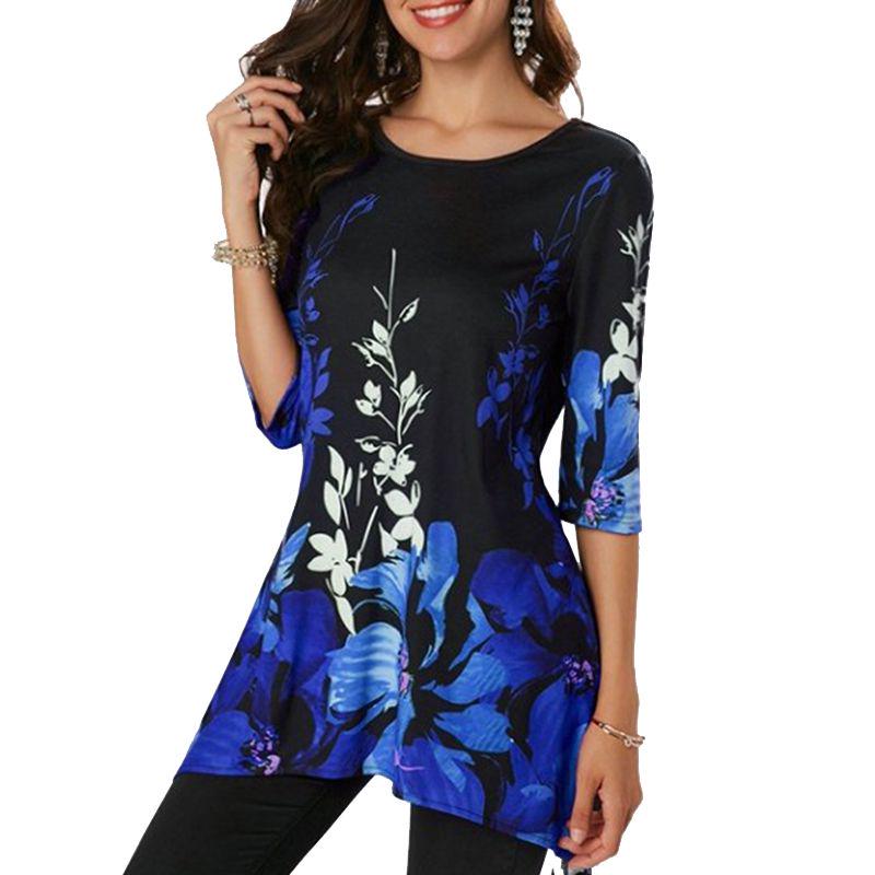 Plus Size Womens Asymmetric Floral Printed Short Sleeve Tunic Blouse For Summer Comfort